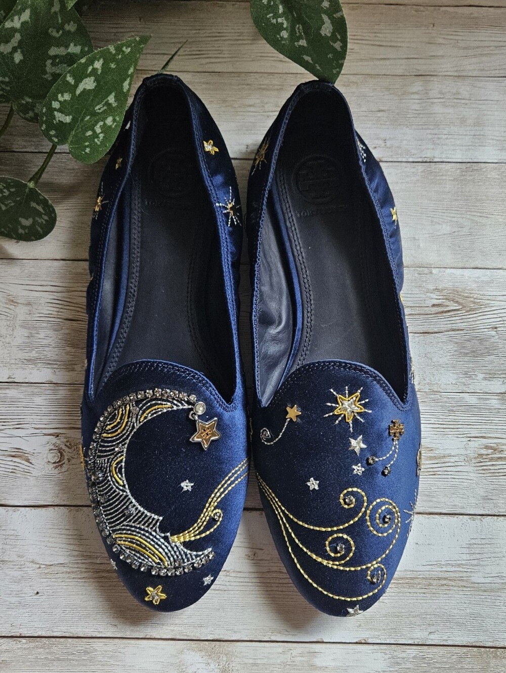 Tory Burch Olympia Embroidered celestial moon stars Satin Loafer Slip On Shoes N